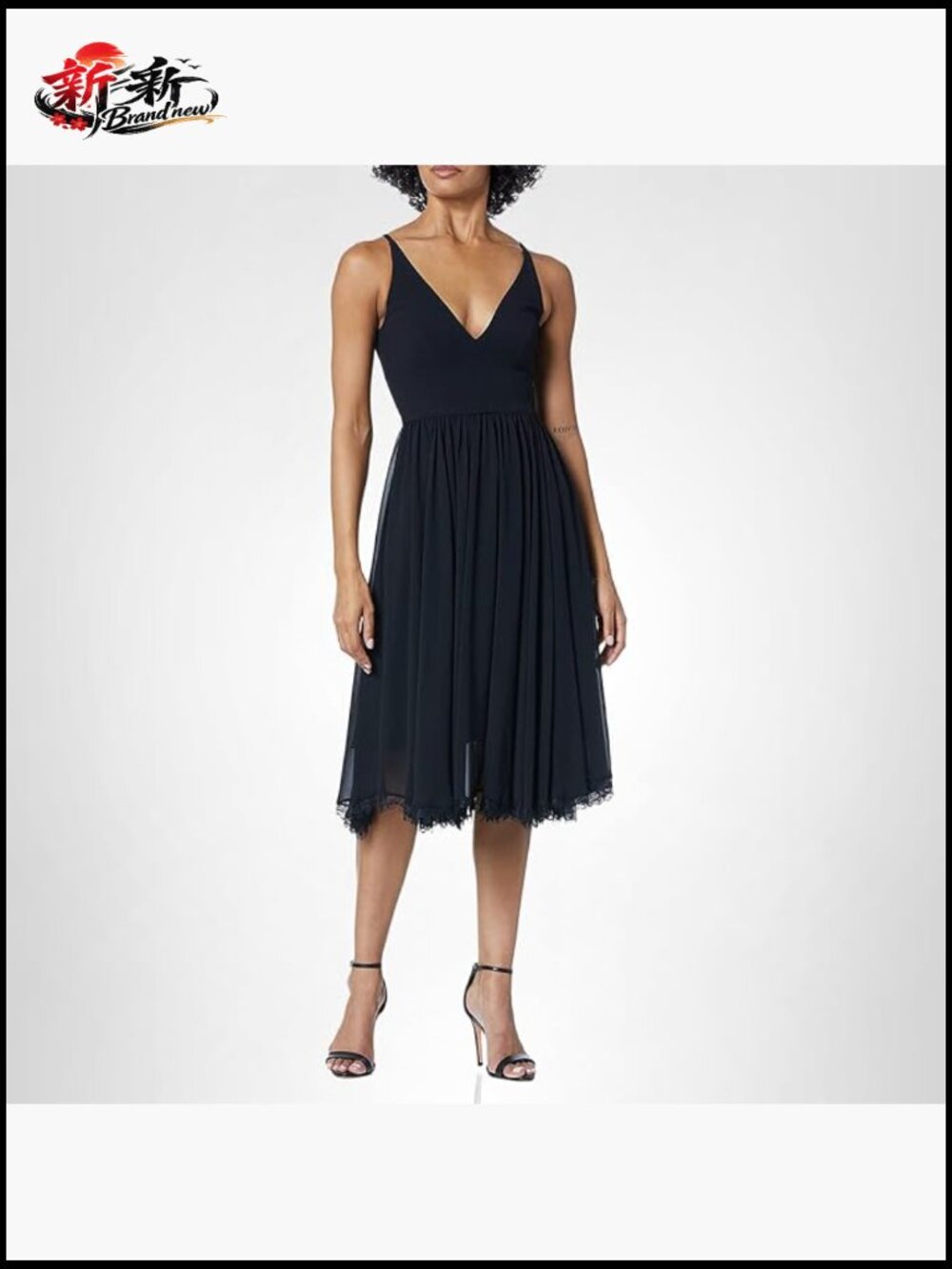 Plunging V-Neck Fit and Flare Midi Dress with Lace Hem